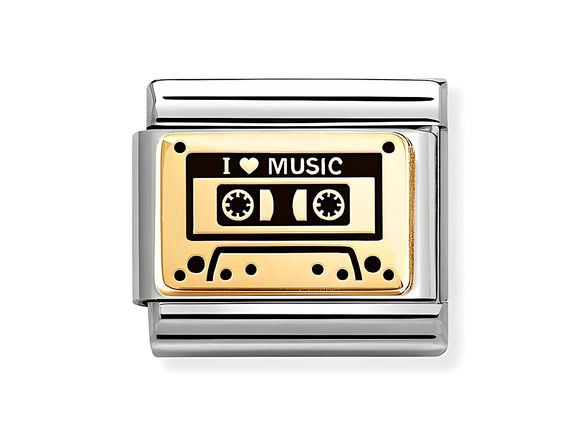 Die Kassette mit der Aufschrift I love Music ist in goldener Emaille und hat einen silbernen Rahmen. Sie gehört zur Kollektion Nomination Classic Gold 030166 44 und erfreut Musikliebhaber.
