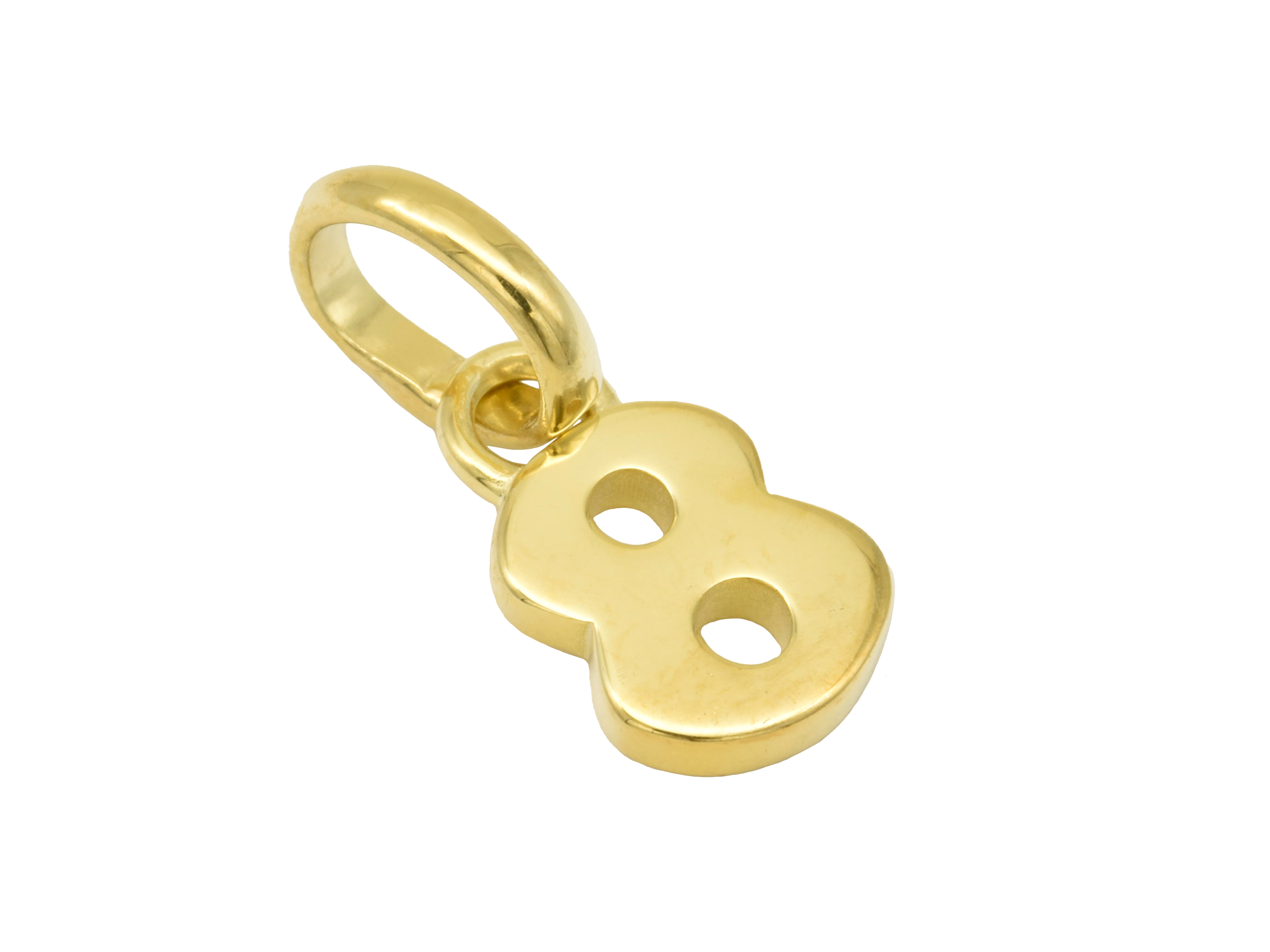 Gold Anhänger Zahl 8 aus 750 Gelbgold, poliert mit zwei Durchbrüchen, symbolisiert Glückszahlen, Hersteller ist Juwelier Harnisch.