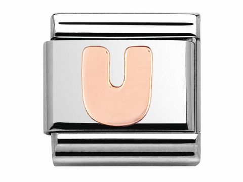Buchstabe U in Roségold auf silbernem Grund von Nomination, Modell 430105 21, Classic, geeignet für das individualisierte Schmuckdesign.