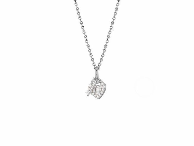27000797-0 Xenox Sterling Silber Kette XS3410K in 40-45 cm mit LOVE STORY Ankerkette und einem herzförmigen Anhänger, der mit funkelnden Steinen verziert ist, inklusive Schloss und Schlüssel.