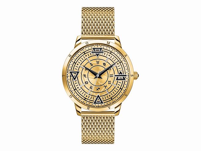 Gelbgoldfarbene Thomas Sabo WA0388-264-207-42 MM Armbanduhr mit einem filigranen Zifferblatt, mesh-Armband und Symbolen der vier Elemente Feuer, Wasser, Luft und Erde.