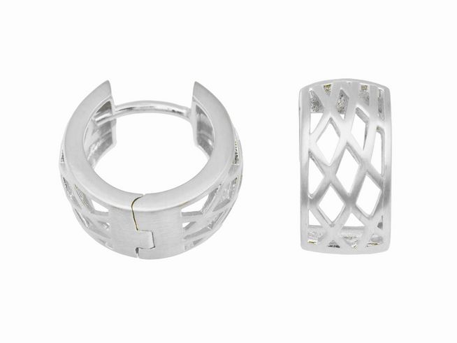 Creolen mit Gitternetzdesign aus rhodiniertem Sterling Silber, Hersteller Juwelier Harnisch, Durchmesser bis 15 mm, moderne Ohrschmuckoption für stilbewusste Frauen.