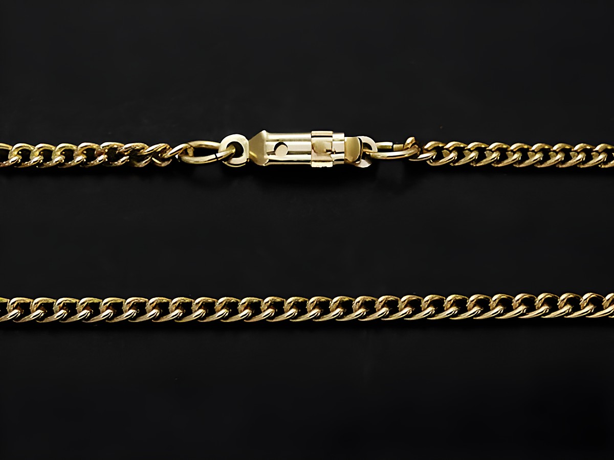 Goldfarbene Kette aus Panzer mit einer Länge von 62 cm und einer Breite von 2,9 x 1,8 mm, hergestellt von Juwelier Harnisch. Ideal als modebewusstes Accessoire.