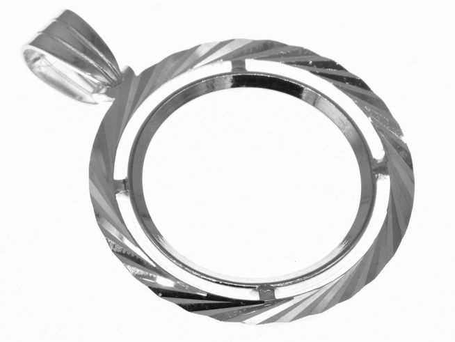 Münzfassung Anhänger aus 925 Sterling Silber mit Diamantschliff, passend für Münzen bis 20 mm Durchmesser, hergestellt von Juwelier Harnisch, elegantes Design für bis zu 2,5 cm Münzen.