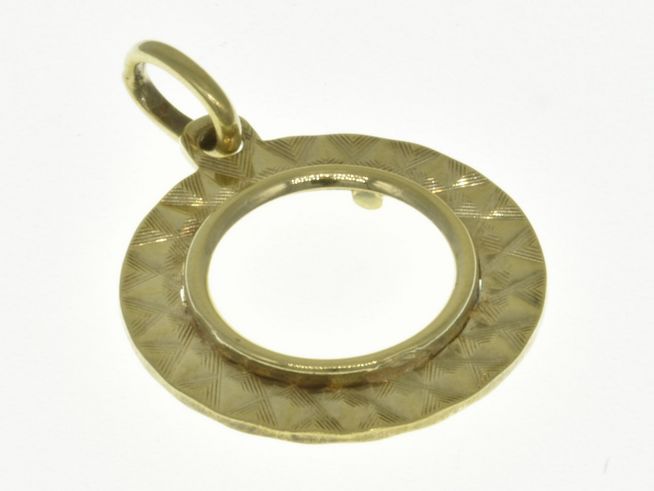 Münzfassung Anhänger aus 585 Gold, diamantiert, maximaler Münzdurchmesser 13,1 mm, hergestellt von Juwelier Harnisch, dekoratives Muster auf der Oberfläche.