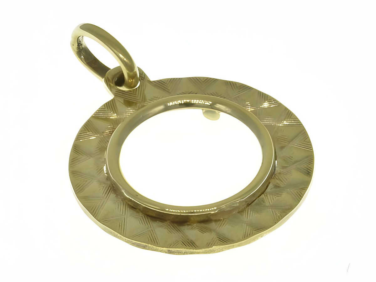 Münzfassung Anhänger aus 585 Gold, diamantiert, maximaler Münzdurchmesser 13,1 mm, hergestellt von Juwelier Harnisch, dekoratives Muster auf der Oberfläche.