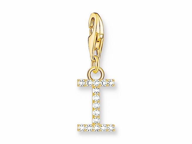 Charm-Anhänger in Form des Buchstabens I, gefertigt aus Silber mit vergoldeter Oberfläche, besetzt mit weißen Zirkonia-Steinen, ideal für individuelle Schmuckgestaltung.