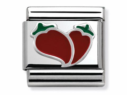 Zwei rote Herzen mit grünen Blättern auf einem Edelstahlcharms von Nomination Classic, Modell 330202 19, für ein stilvolles Accessoire im Schmuckbereich.