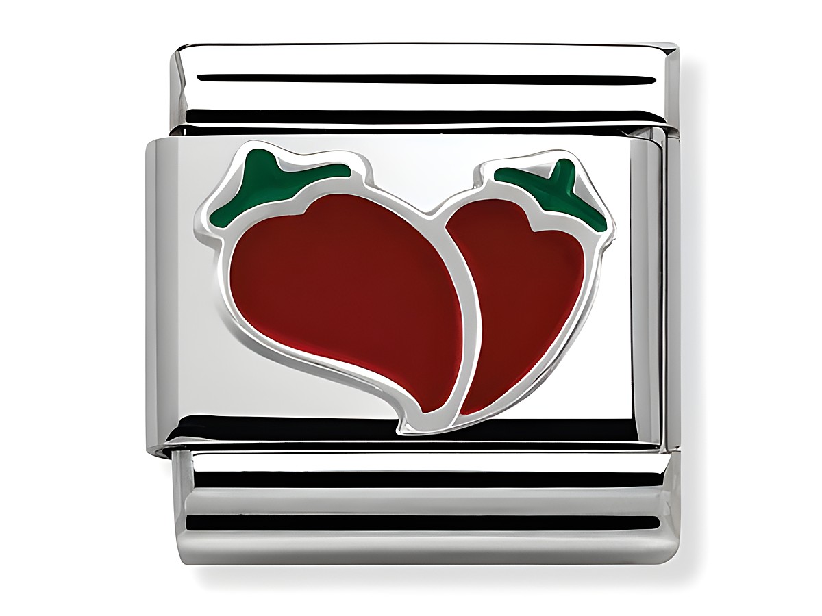 Zwei rote Herzen mit grünen Blättern auf einem Edelstahlcharms von Nomination Classic, Modell 330202 19, für ein stilvolles Accessoire im Schmuckbereich.