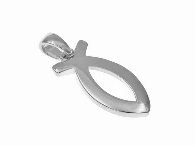 Christlicher Fisch aus Weißgold als Anhänger, symbolisiert den Glauben, hergestellt von Juwelier Harnisch, elegante religiöse Schmuckstück, ideal für Tierliebhaber.
