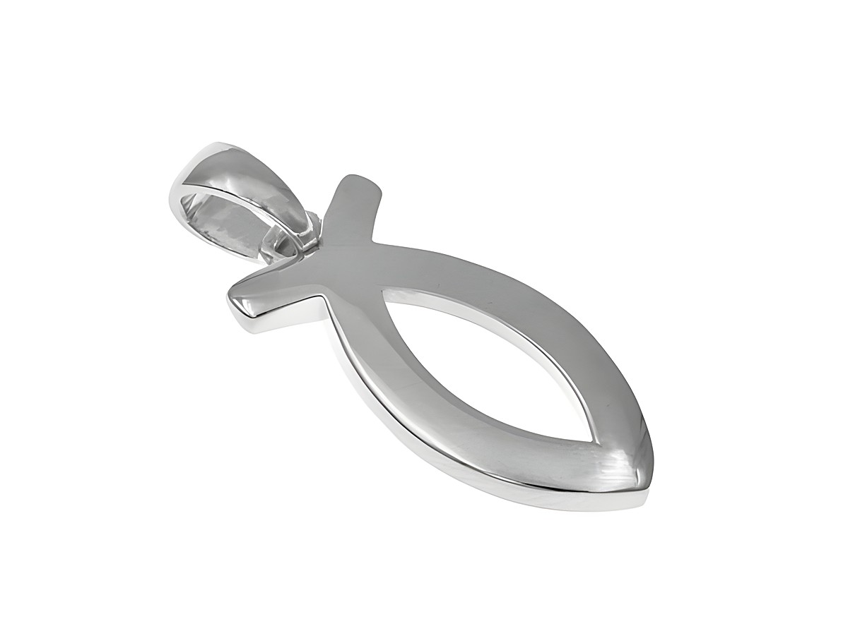 Christlicher Fisch aus Weißgold als Anhänger, symbolisiert den Glauben, hergestellt von Juwelier Harnisch, elegante religiöse Schmuckstück, ideal für Tierliebhaber.