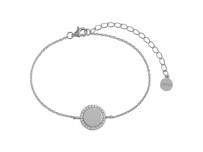 Xenox Sterling Silber Armband XS6091 im CLASSIC CIRCLE Design mit einer Karreekette und einem runden Element, verziert mit glitzernden Steinen, verstellbare Länge von 15 bis 20 cm.