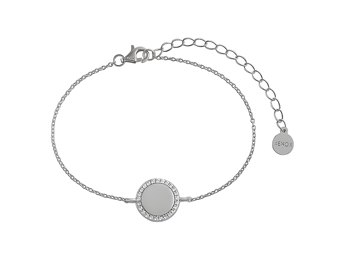XENOX Sterling Silber Armband XS6091 im CLASSIC CIRCLE Design mit einer Karreekette und einem runden Element, verziert mit glitzernden Steinen, verstellbare Länge von 15 bis 20 cm.