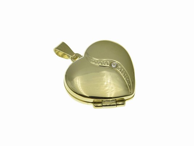 Medaillon in Herzform aus Sterling Silber mit vergoldeter Oberfläche, verziert mit Zirkonia, hergestellt von Juwelier Harnisch, ideal als elegantes Schmuckstück zum Aufbewahren persönlicher Erinnerungen.