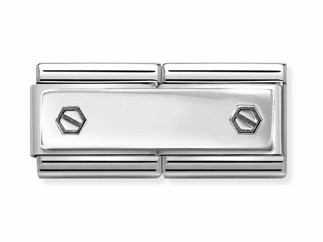 Eine stilvolle Sechskantschraube aus Sterling Silber und Edelstahl, mittig mit einem glatten Bereich und seitlichen Rillen, ideal für Armbänder von Nomination.