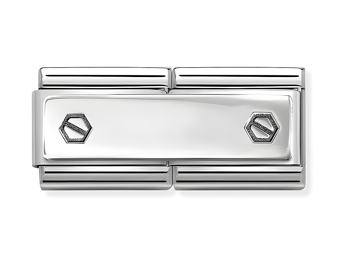 Eine stilvolle Sechskantschraube aus Sterling Silber und Edelstahl, mittig mit einem glatten Bereich und seitlichen Rillen, ideal für Armbänder von Nomination.