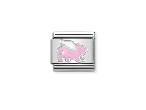 Silberne Emaille Charm mit einem pinken Schwein mit Flügeln, designt von Nomination, Motive.