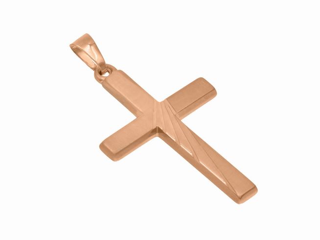 Anhänger Kreuz aus teilmattiertem vergoldetem Roségold, schlichtes Design, hergestellt von Juwelier Harnisch. Ideal als dezenter Schmuck für jeden Anlass.