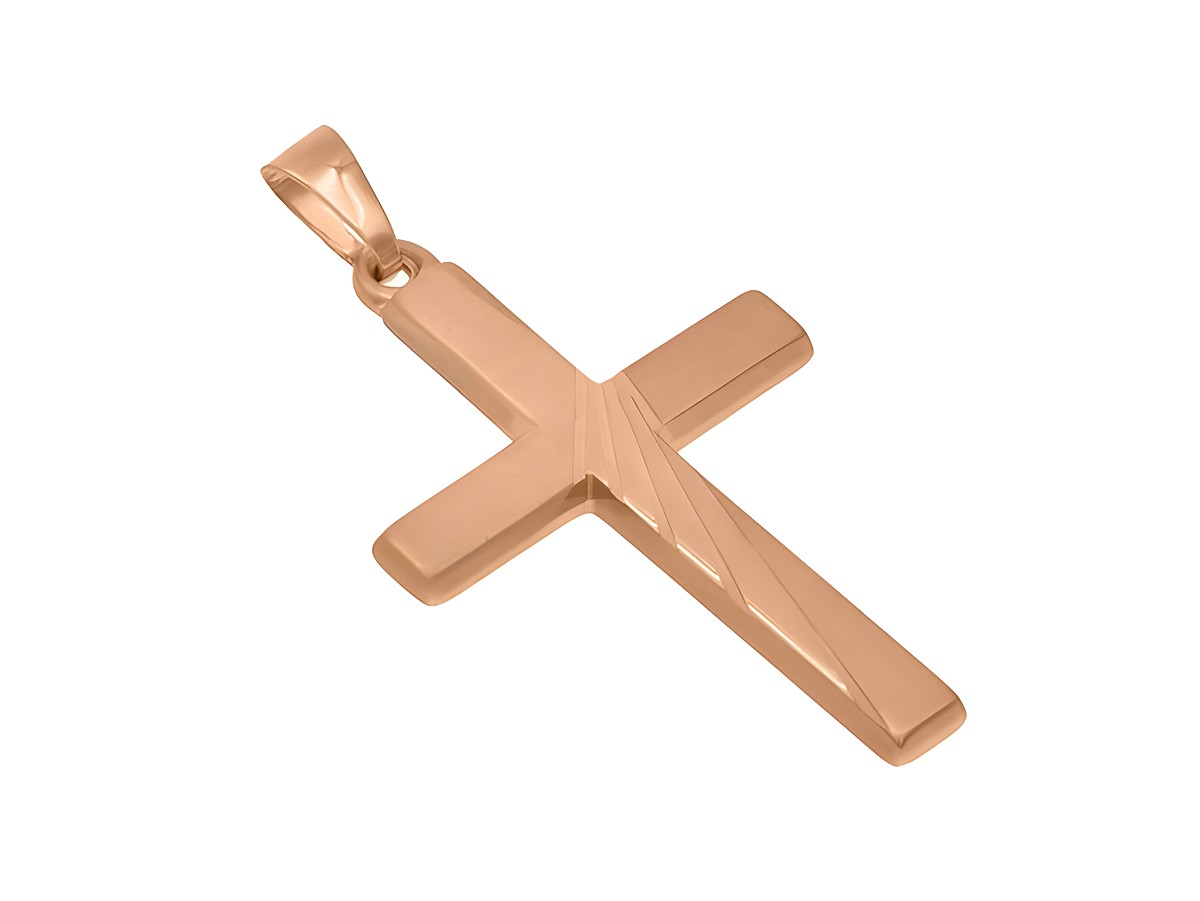 Anhänger Kreuz aus teilmattiertem vergoldetem Roségold, schlichtes Design, hergestellt von Juwelier Harnisch. Ideal als dezenter Schmuck für jeden Anlass.