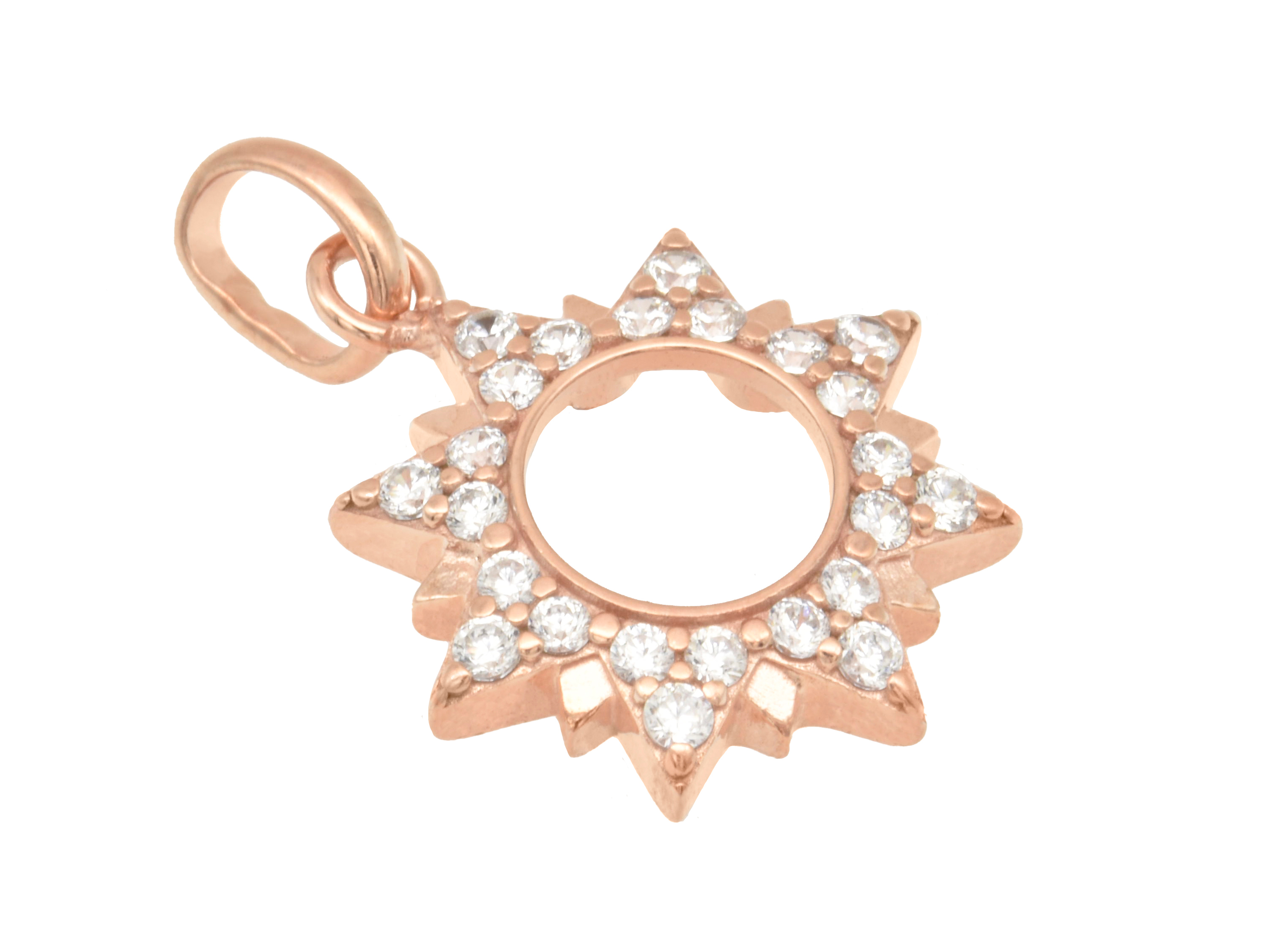 Silber Anhänger Sonne aus Roségold vergoldet, poliert, mit funkelnden Zirkonia-Steinen besetzt, Ideal für Schmuckliebhaber und passend zu verschiedenen Anlässen. Hersteller Juwelier Harnisch.