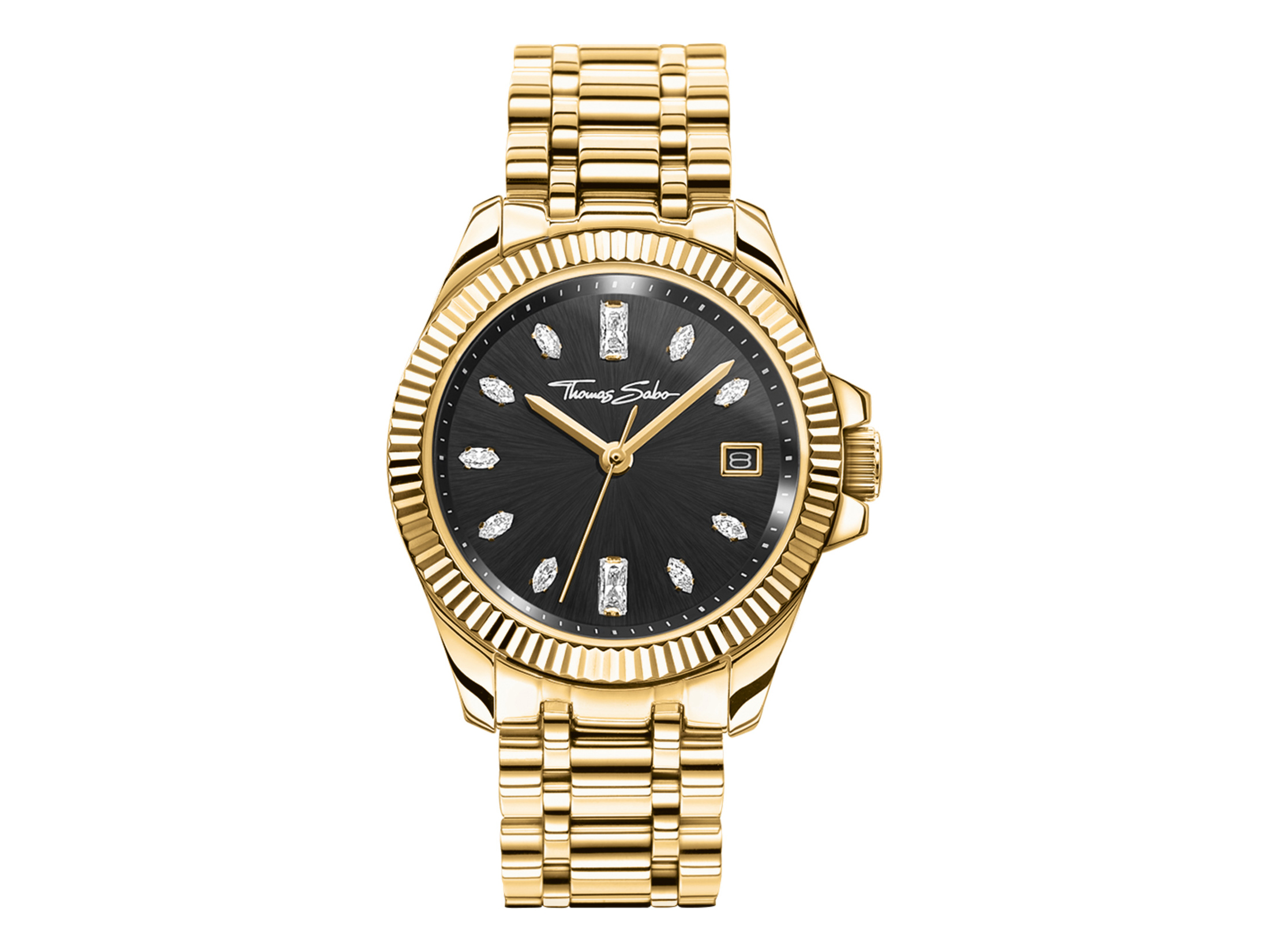 Thomas Sabo Damenuhr WA0431-291-207-33 mm in gold mit schwarzem Zifferblatt, eleganten Schmucksteinen als Indizes und einem schlichten Datumsfenster.