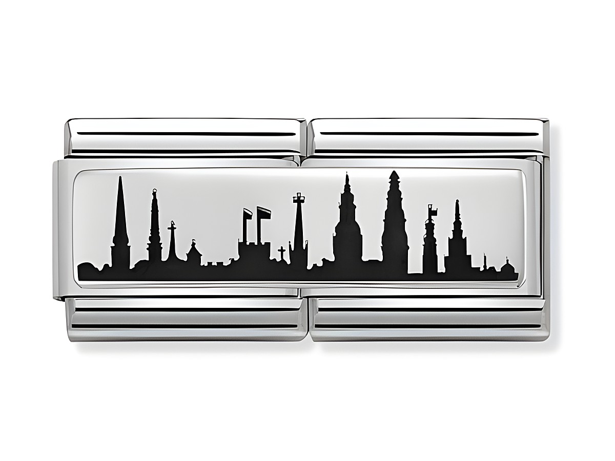 Edelstahlarmband mit gravierter Skyline von Riga, zeigt verschiedene Türme und Silhouetten in Schwarz auf glänzendem Hintergrund, elegantes und modernes Design für individuelle Styles.