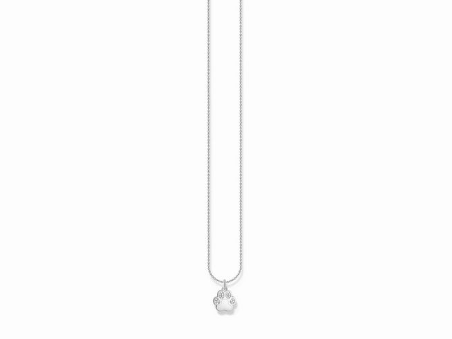 Silberne Kette von Thomas Sabo mit einem Anhänger in Form einer Pfote, verziert mit weißen Zirkonia, verstellbar von 38 bis 45 cm. Elegant und tierisch inspirierte Schmuckstück.