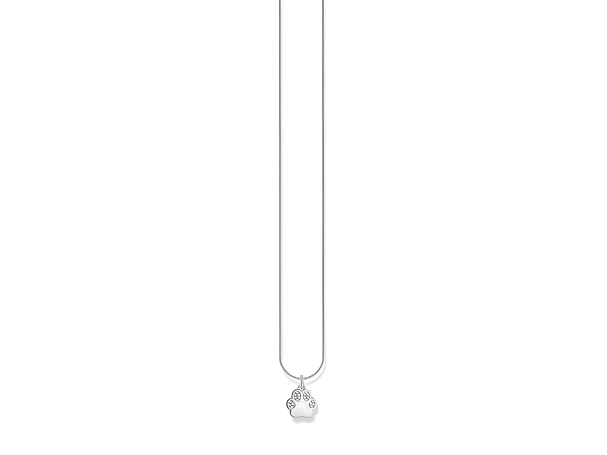 Silberne Kette von Thomas Sabo mit einem Anhänger in Form einer Pfote, verziert mit weißen Zirkonia, verstellbar von 38 bis 45 cm. Elegant und tierisch inspirierte Schmuckstück.