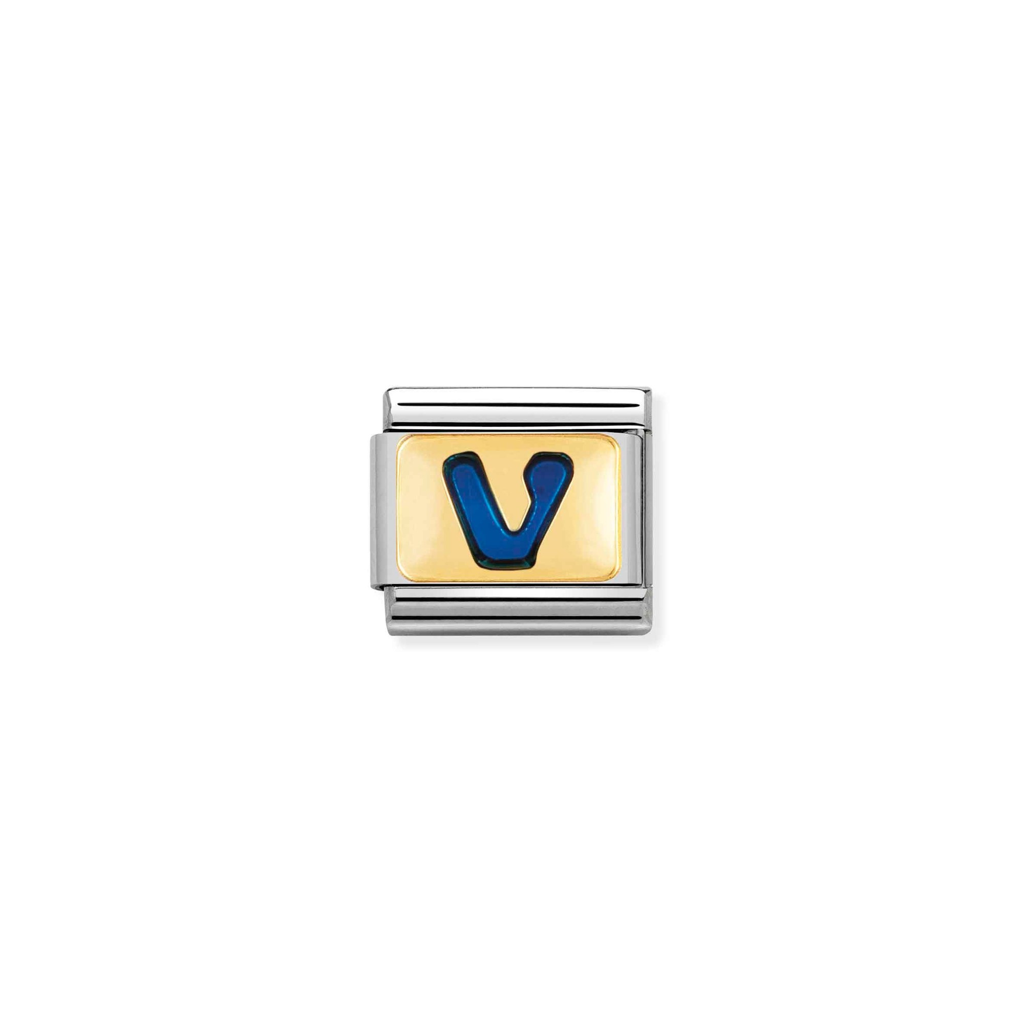 Nomination Composable Classic Charm Buchstabe V blau - Edelstahl, Gold 750 Gelbgold, Emaille