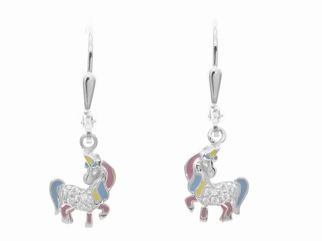 304601-0 Einhorn Ohrringe verspielt in Silber mit Zirkonia und buntem Lack in Pink, Blau und Gelb, hergestellt von Juwelier Harnisch, ideal für Kinder.