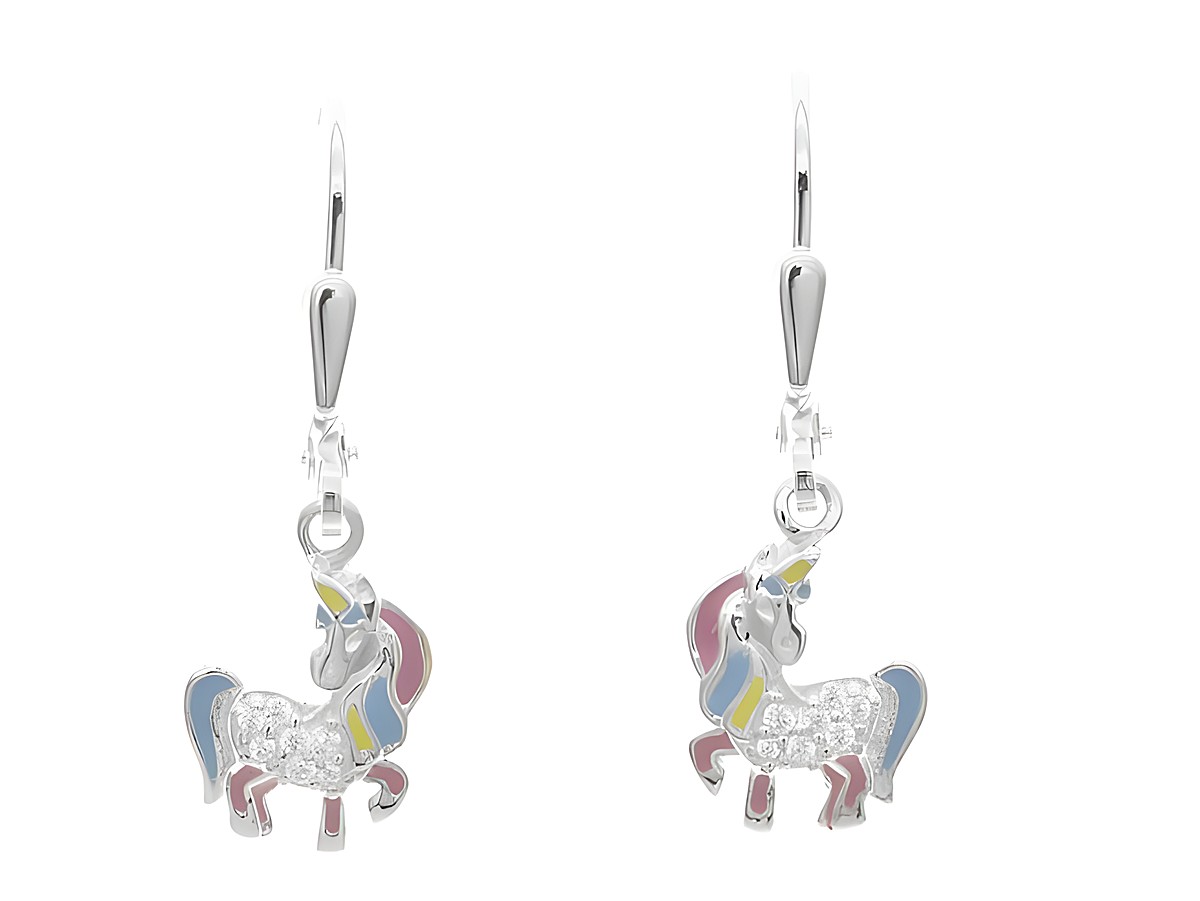 Einhorn Ohrringe verspielt in Silber mit Zirkonia und buntem Lack in Pink, Blau und Gelb, hergestellt von Juwelier Harnisch, ideal für Kinder.