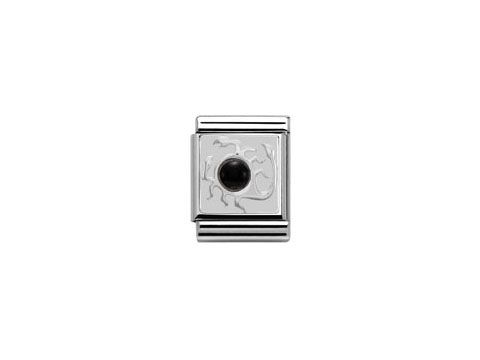 Silberner Charm von Nomination BIG mit dem Sternzeichen Skorpion, verziert mit einem schwarzen Stein in der Mitte, hochwertiges Sterling Silber, Artikelnummer 332501 08.