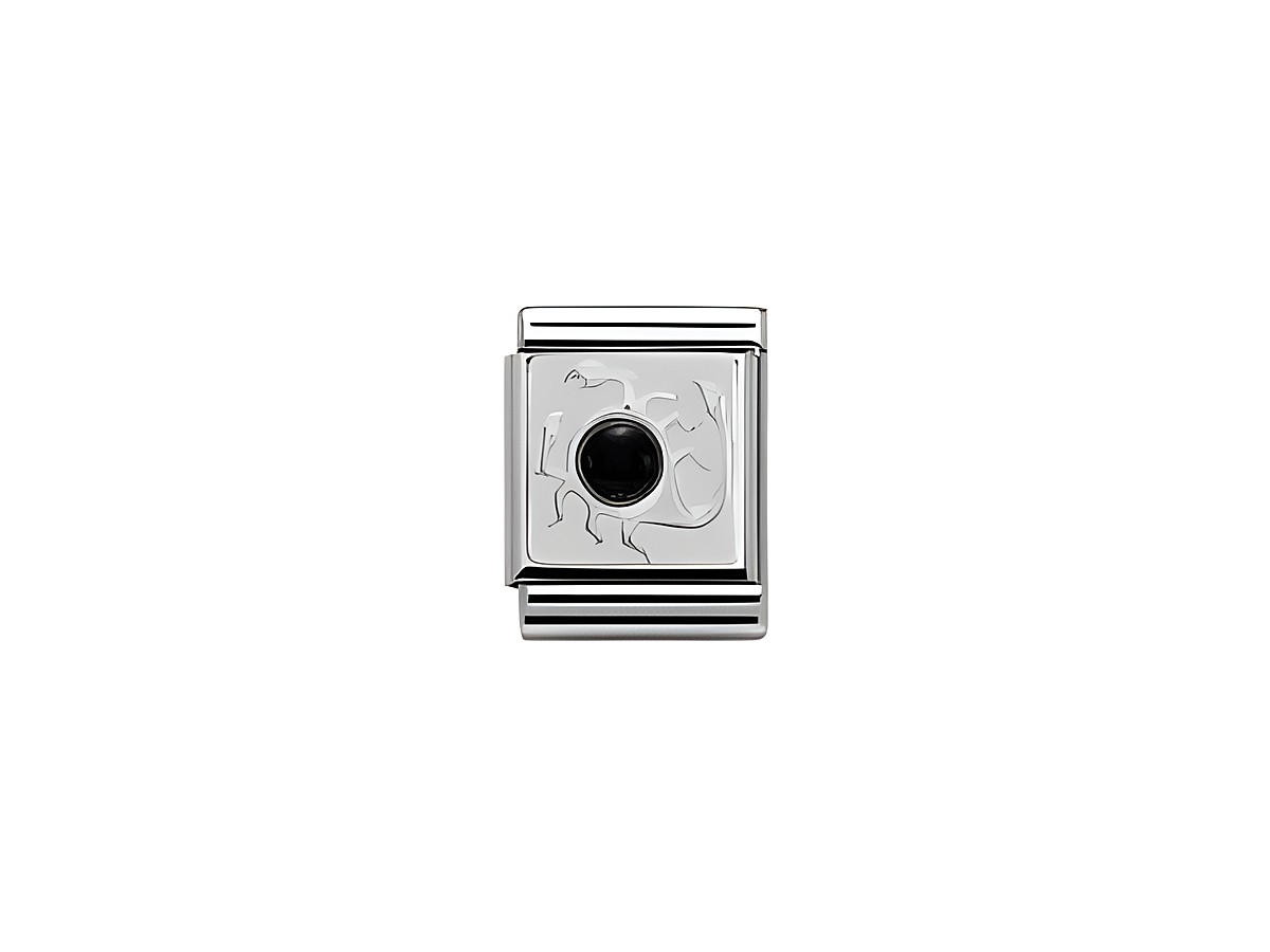 Silberner Charm von Nomination BIG mit dem Sternzeichen Skorpion, verziert mit einem schwarzen Stein in der Mitte, hochwertiges Sterling Silber, Artikelnummer 332501 08.
