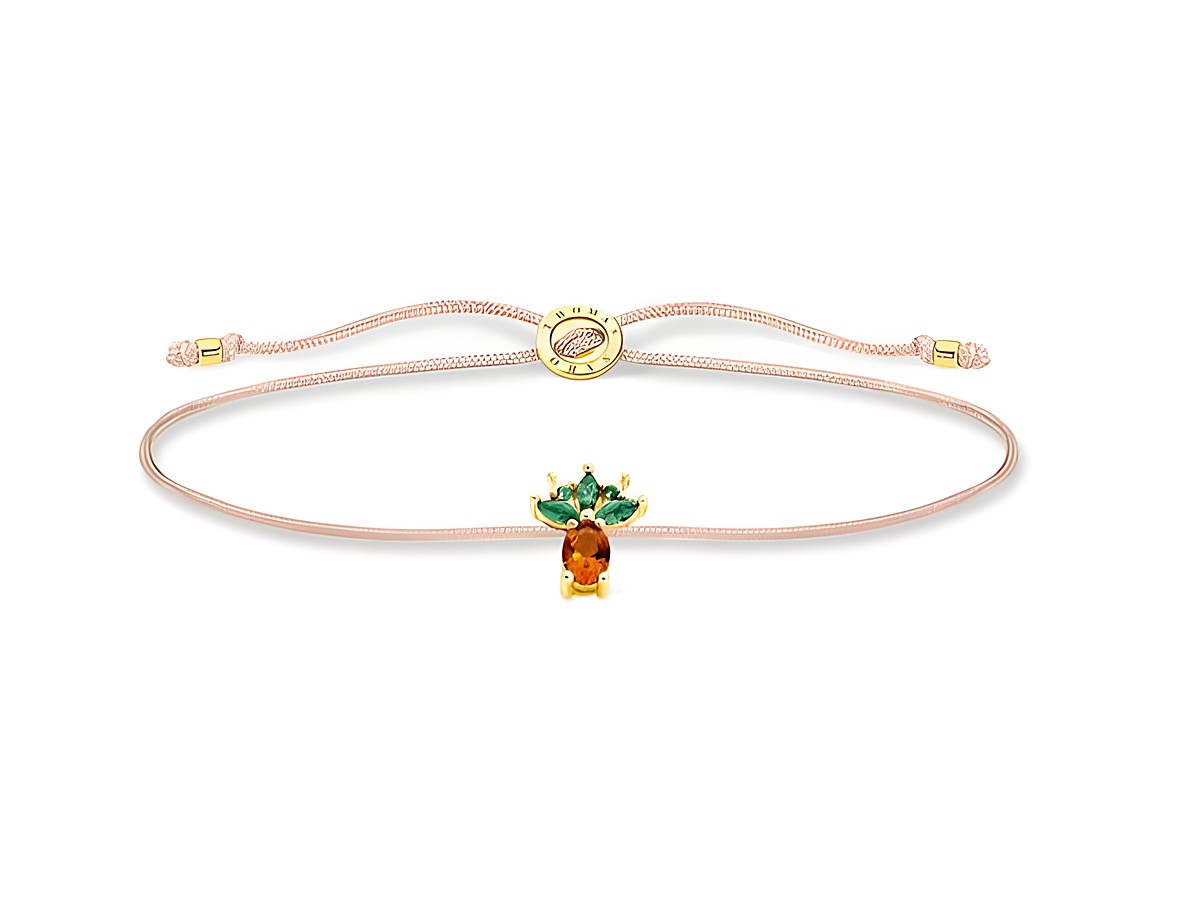 Thomas Sabo Armband LS129-472-7-L20V aus vergoldetem Sterling Silber mit mehrfarbigem Glas-Keramik Stein, Nylon in rosa, verziert mit einem bunten Anhänger.
