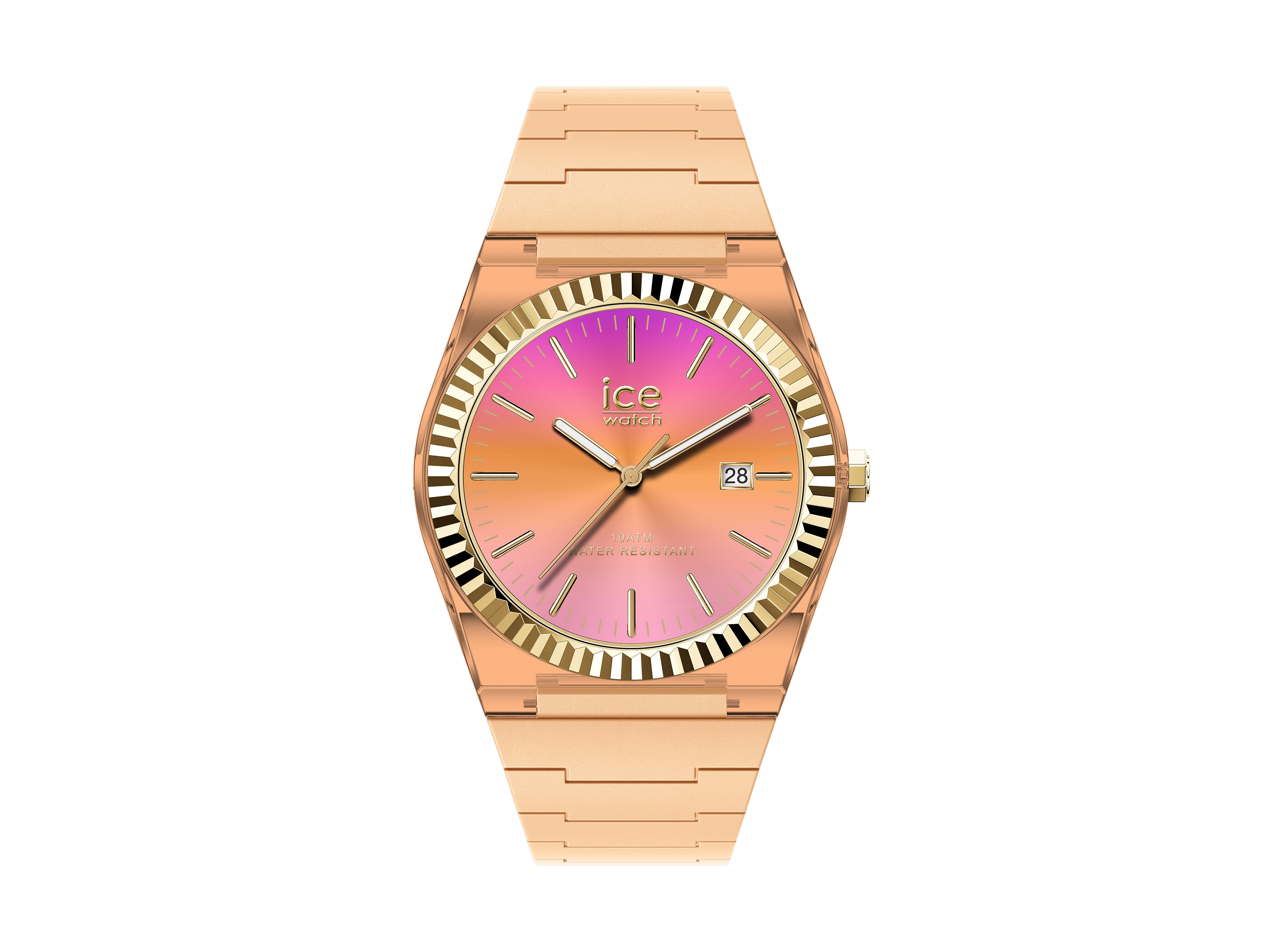 Ice Watch 024762 ICE Power - Pfirsich - Sunset peach - Medium Die Ice Watch 024762 ICE Power in Pfirsich präsentiert sich mit einem eleganten, roségoldenen Gehäuse und einem beeindruckenden Zifferblatt, das von sanften Farbverläufen in Sunset Peach geprägt ist.