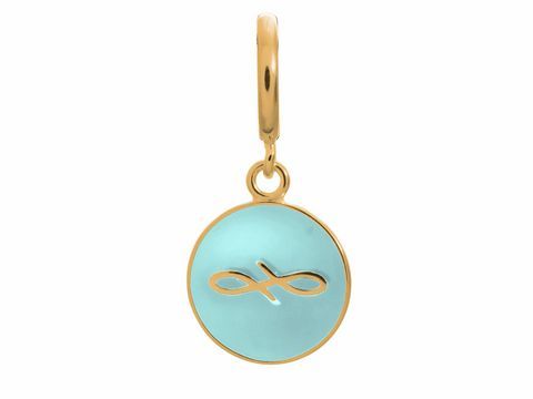 Ein runder Anhänger in light blue mit einem gelbgoldenen Unendlichkeitssymbol, hergestellt von Endless. Charms in Gold auf Silber verleihen dem Schmuckstück einen eleganten Look.