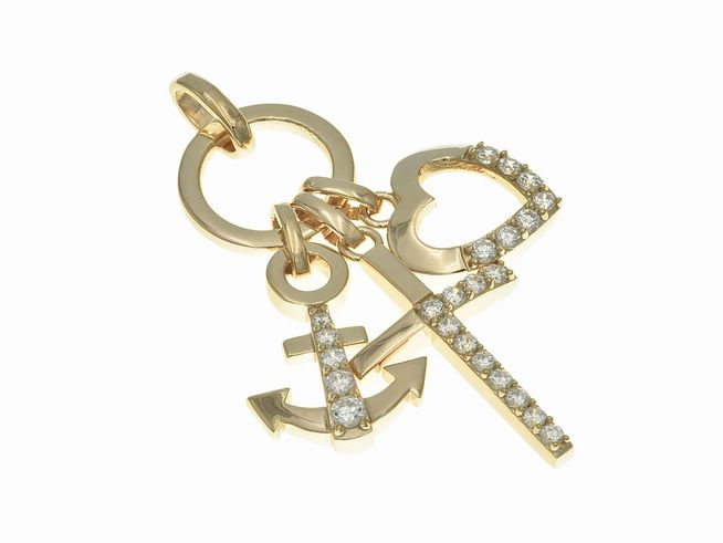 Anhänger aus poliertem Sterlingsilber mit vergoldetem Roségold. Motive Glaube, Liebe, Hoffnung und ein Anker, besetzt mit Zirkonia. Hersteller Juwelier Harnisch.