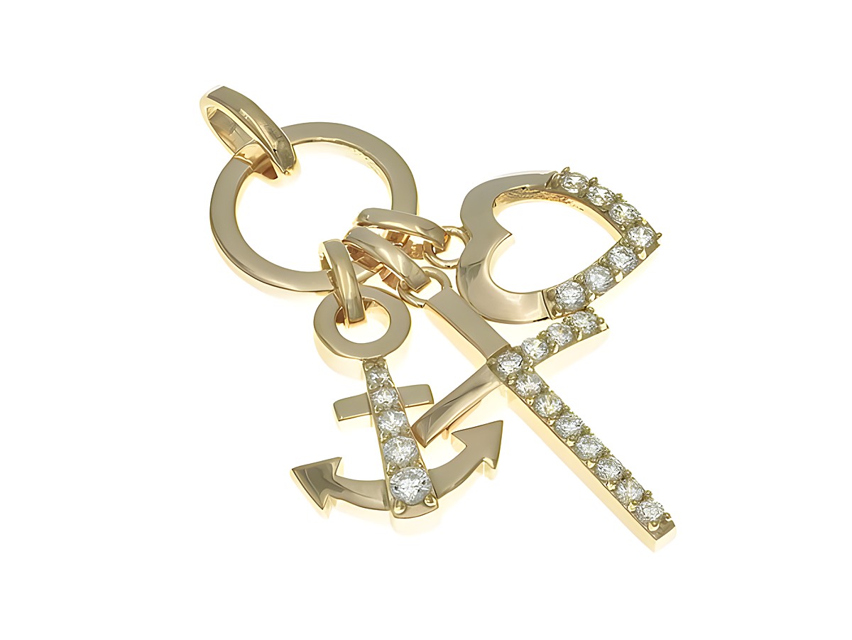Anhänger aus poliertem Sterlingsilber mit vergoldetem Roségold. Motive Glaube, Liebe, Hoffnung und ein Anker, besetzt mit Zirkonia. Hersteller Juwelier Harnisch.