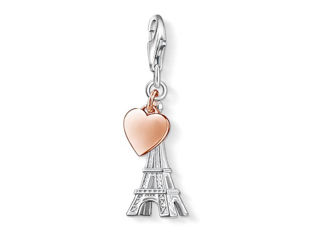 Silber vergoldeter Charm von Thomas Sabo mit Eiffelturm und Herz in Roségold, Bicolor-Design, ideal für modische Anhänger und Schmuckkreationen.