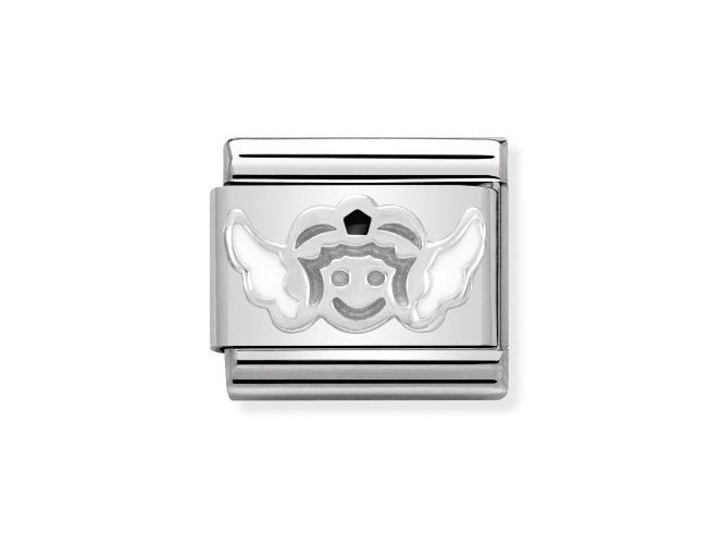 Silberner Charm von Nomination mit einem Schutzengelkopf aus Emaille, der fröhlich lächelt und zwei Flügel hat, ideal für eine persönliche Schmuckkollektion.