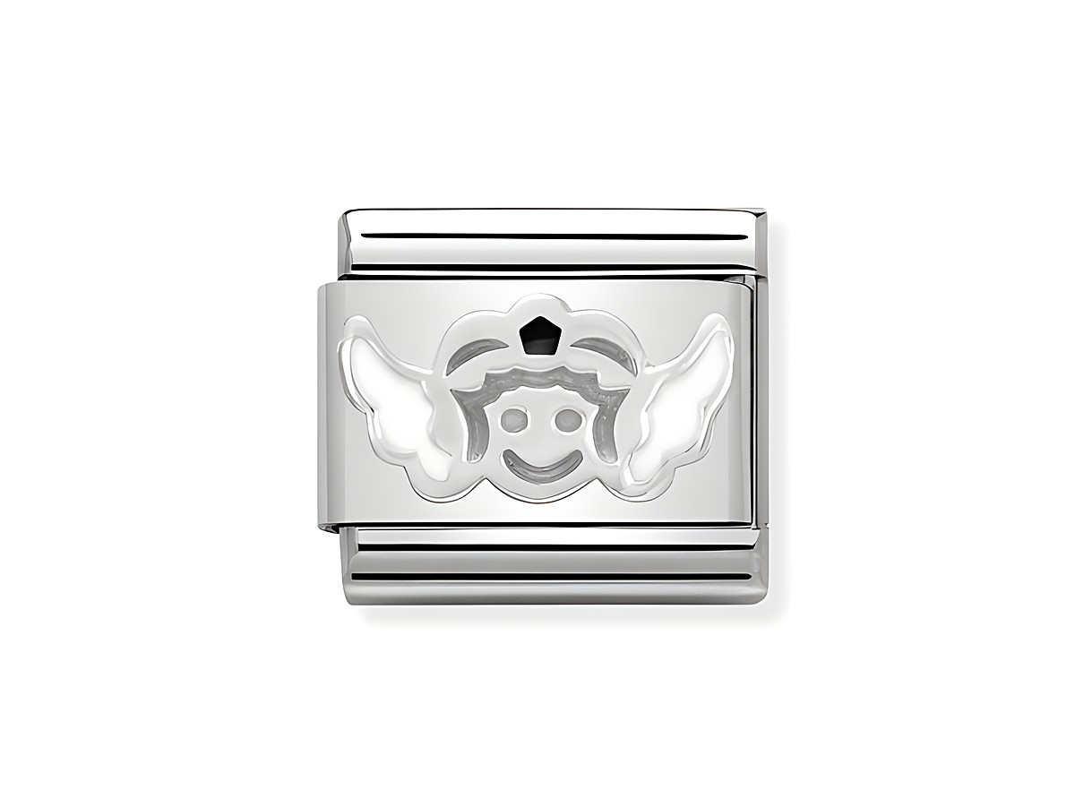 Silberner Charm von Nomination mit einem Schutzengelkopf aus Emaille, der fröhlich lächelt und zwei Flügel hat, ideal für eine persönliche Schmuckkollektion.