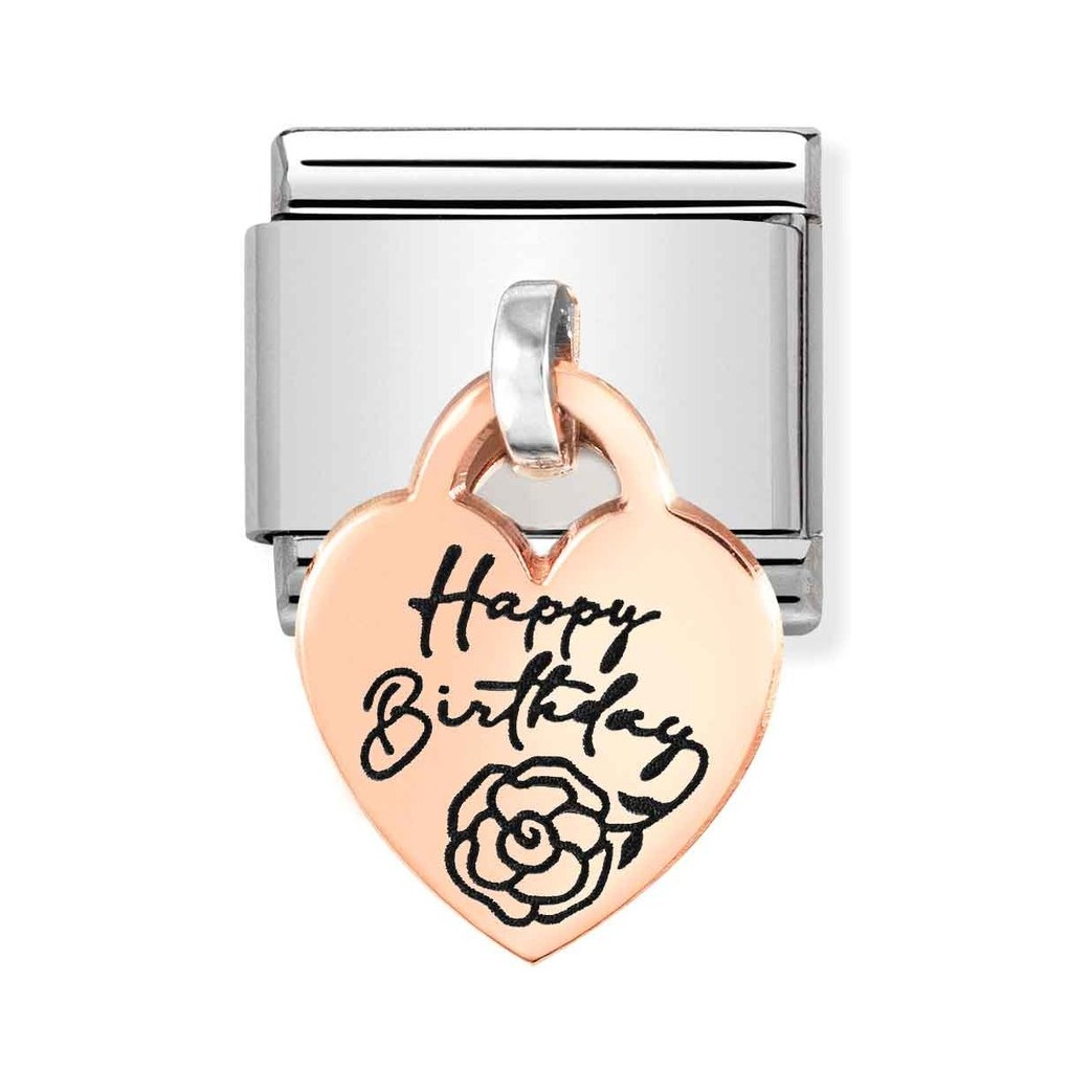 Nomination CLASSIC CHARMS - Charm-Anhänger - Roségold 375 mit Gravur - Herz + Happy Birthday