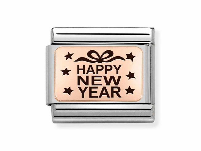Edelstahlplatte von Nomination mit Roségold-Hintergrund, darauf der Schriftzug Happy New Year und dekorative Sterne, ideal als Schmuckstück zum Jahreswechsel.
