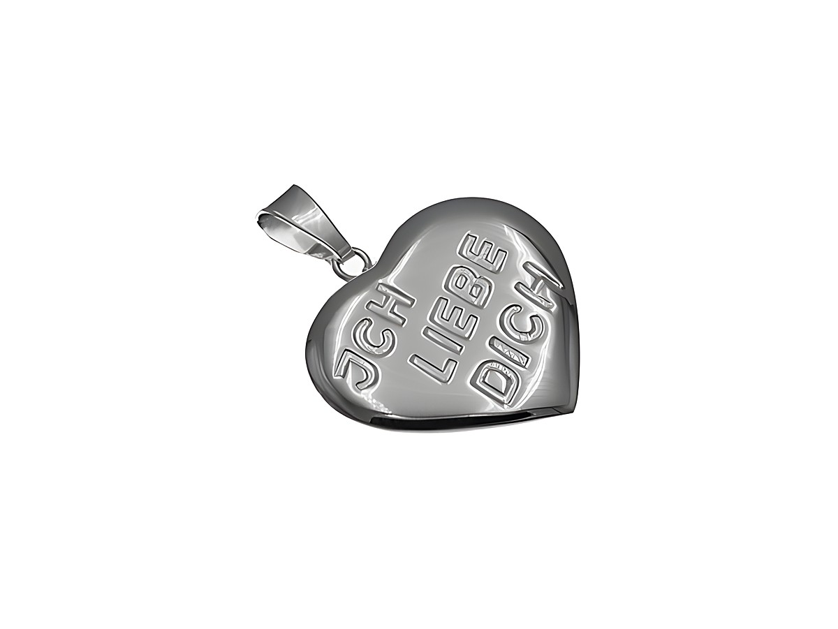 Ein glänzender Anhänger in Herzform aus Sterling Silber mit der Prägung Ich liebe Dich, hergestellt von Juwelier Harnisch, plastisch gestaltet.
