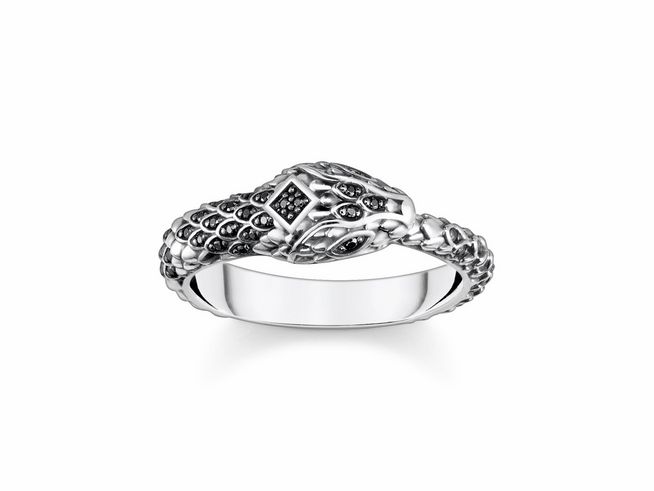 56971479-0 Ring von Thomas Sabo aus geschwärztem Sterling Silber mit Zirkonia, in Form einer Schlange gestaltet, Größe 58. Elegantes und detailreiches Design, perfekt für jeden Anlass.