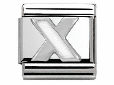 Buchstabe X aus Emaille in klassischem Silberdesign von Nomination, Modell Classic SilverShine. Der Buchstabe hat eine glänzende, polierte Oberfläche und ist für Armbänder geeignet.