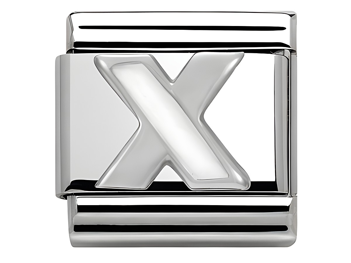 Buchstabe X aus Emaille in klassischem Silberdesign von Nomination, Modell Classic SilverShine. Der Buchstabe hat eine glänzende, polierte Oberfläche und ist für Armbänder geeignet.