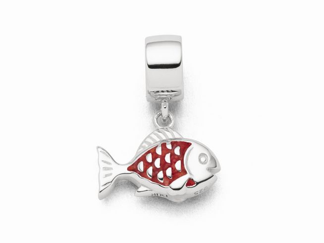 Charm in Form eines roten Fisches aus Sterling Silber mit filigraner Gestaltung und Anhängeröse, ideal für Schmuckstücke von DUR.