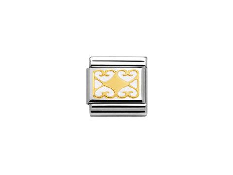 Bicolor Charm von Nomination Classic Elegance 030280 17 aus Edelstahl mit weißen Emailleverzierungen in Rhombusform und Herzmotiven, Teil der Elegance Collection.