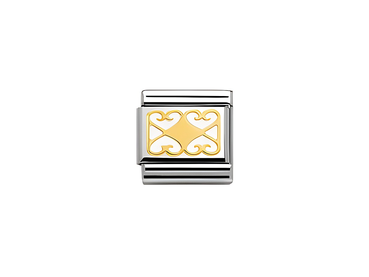 Bicolor Charm von Nomination Classic Elegance 030280 17 aus Edelstahl mit weißen Emailleverzierungen in Rhombusform und Herzmotiven, Teil der Elegance Collection.